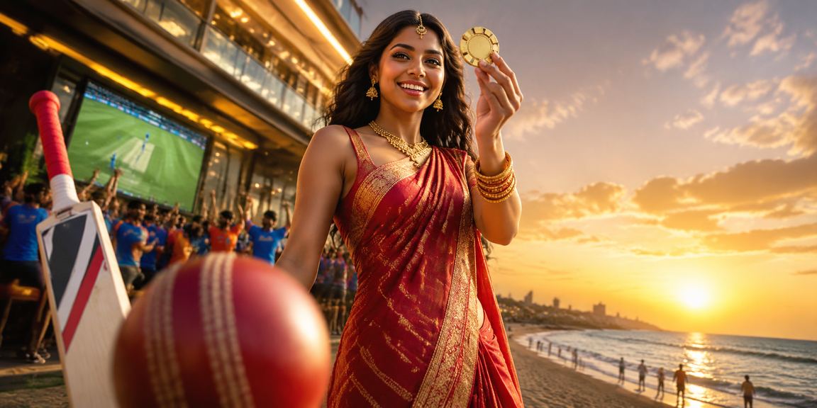 Indian woman using mobile betting app on Chennai Marina Beach overlooking cricket stadium