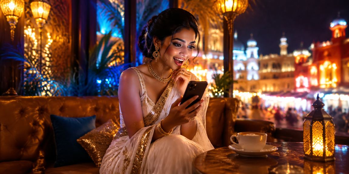 Indian woman enjoying mobile casino VIP gameplay on phone